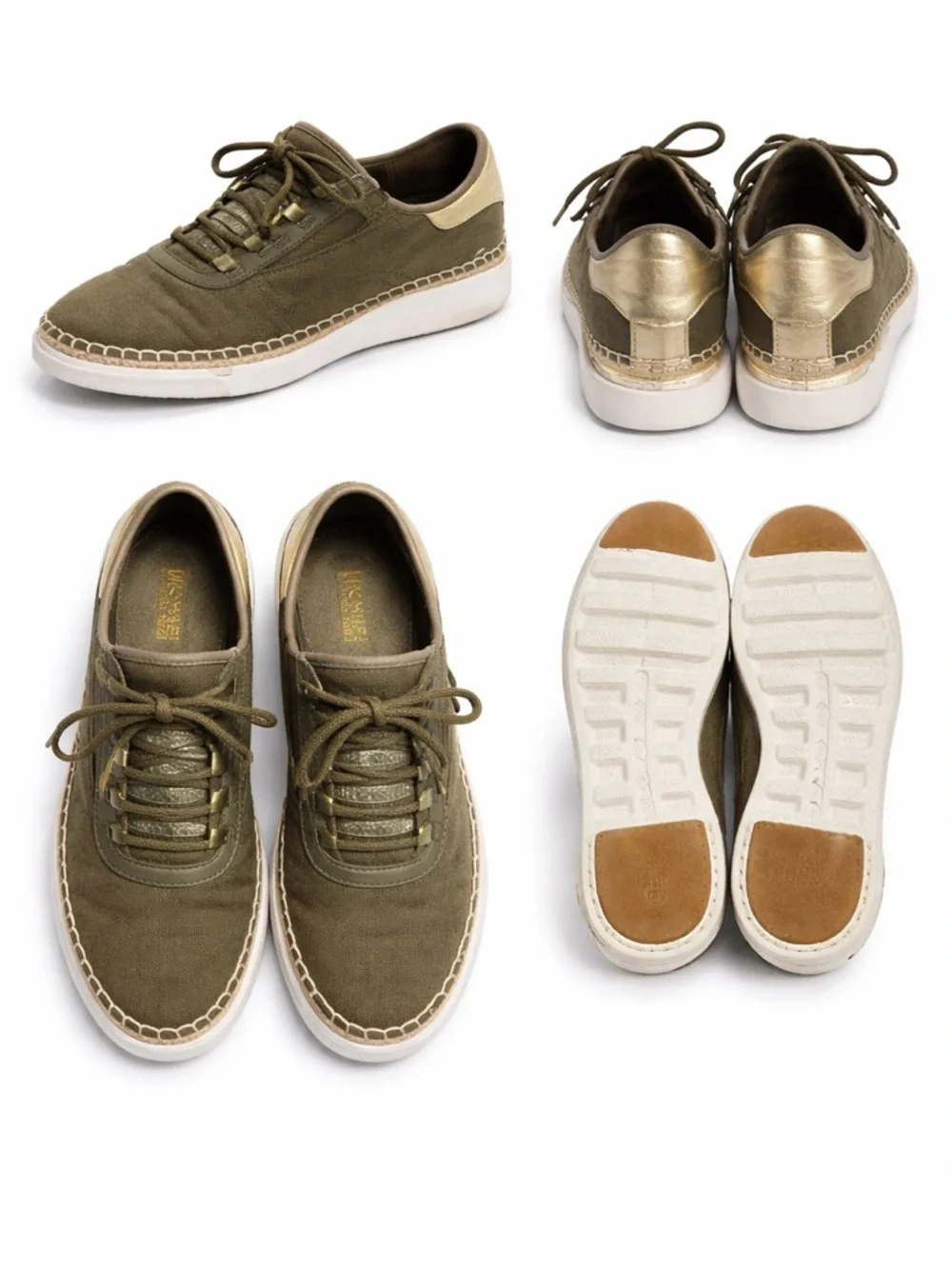 Michael Kors Finch Lace Up Sneakers Olive Green Gold Canvas Espadrille Size 7